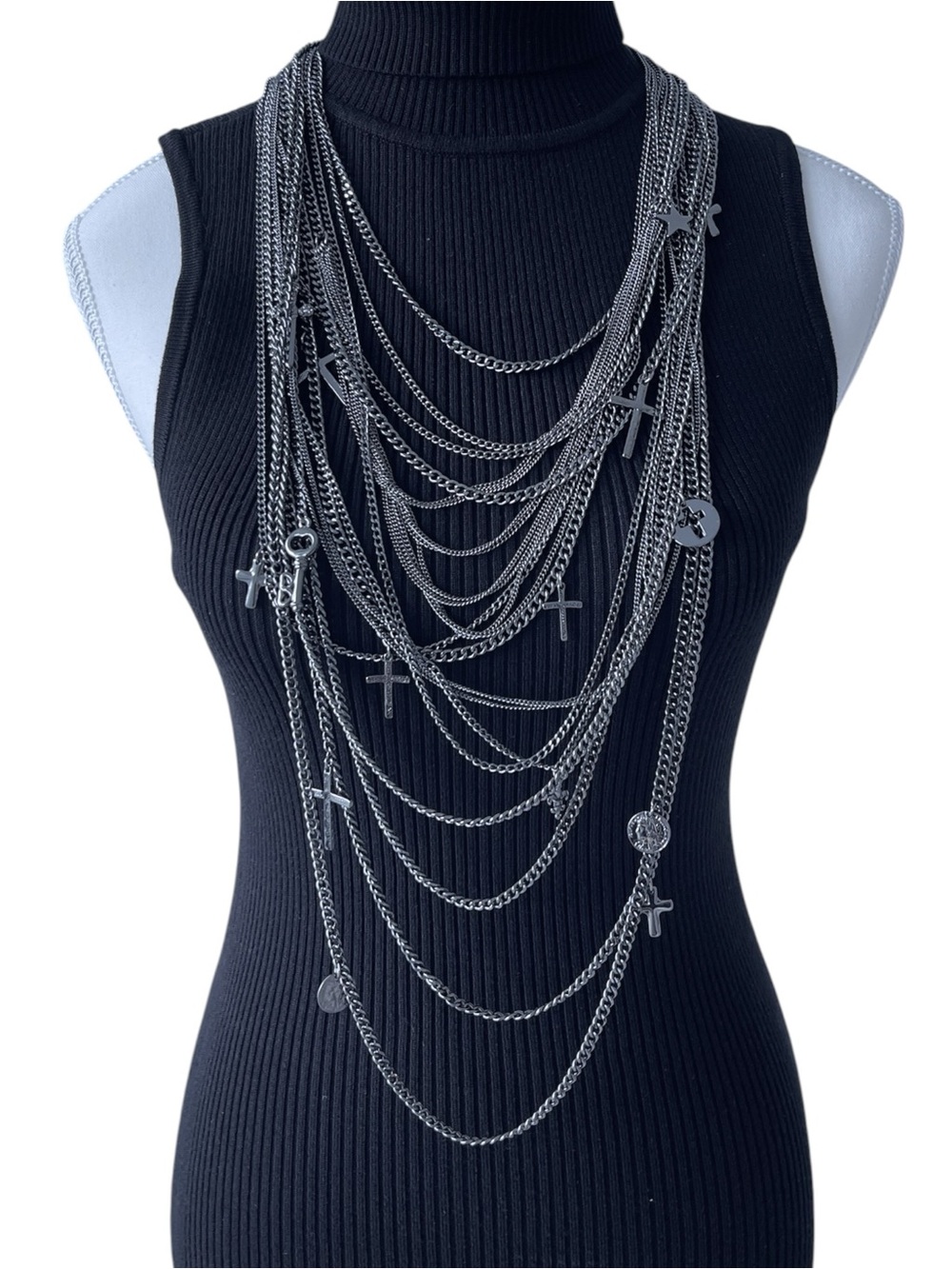 BCBGMaxAzria Multi-Layer Gunmetal Cross & Coin Necklace